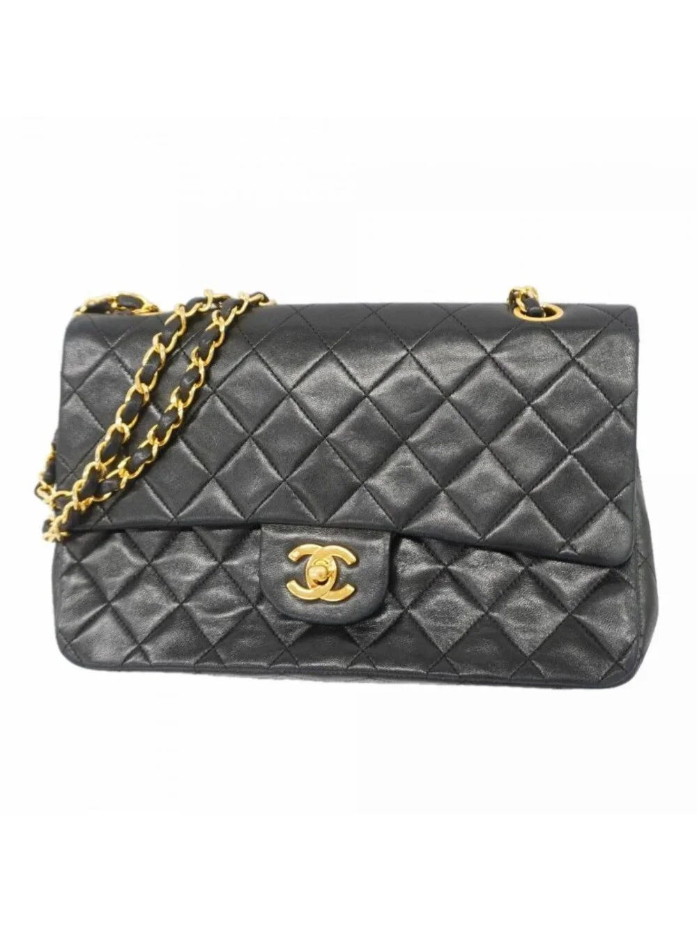 Chanel Shoulder Bag Quilted Lambskin Black Gold